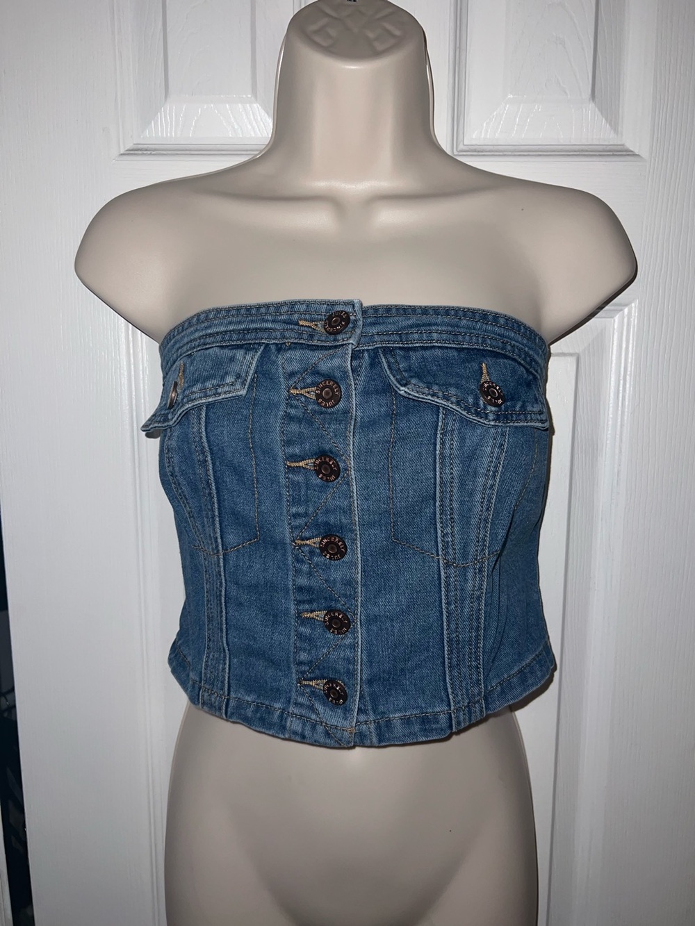 Sincerely Jules Denim Strapless Button-Front Tube Top - Blue